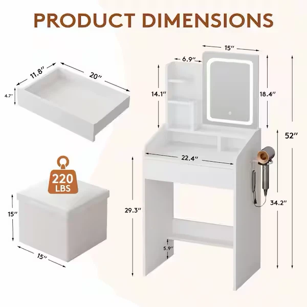 White Vanity Table with LED Mirror and Storage Stool - photo 2