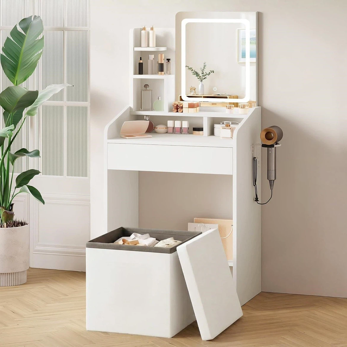 White Vanity Table with LED Mirror and Storage Stool - photo 4