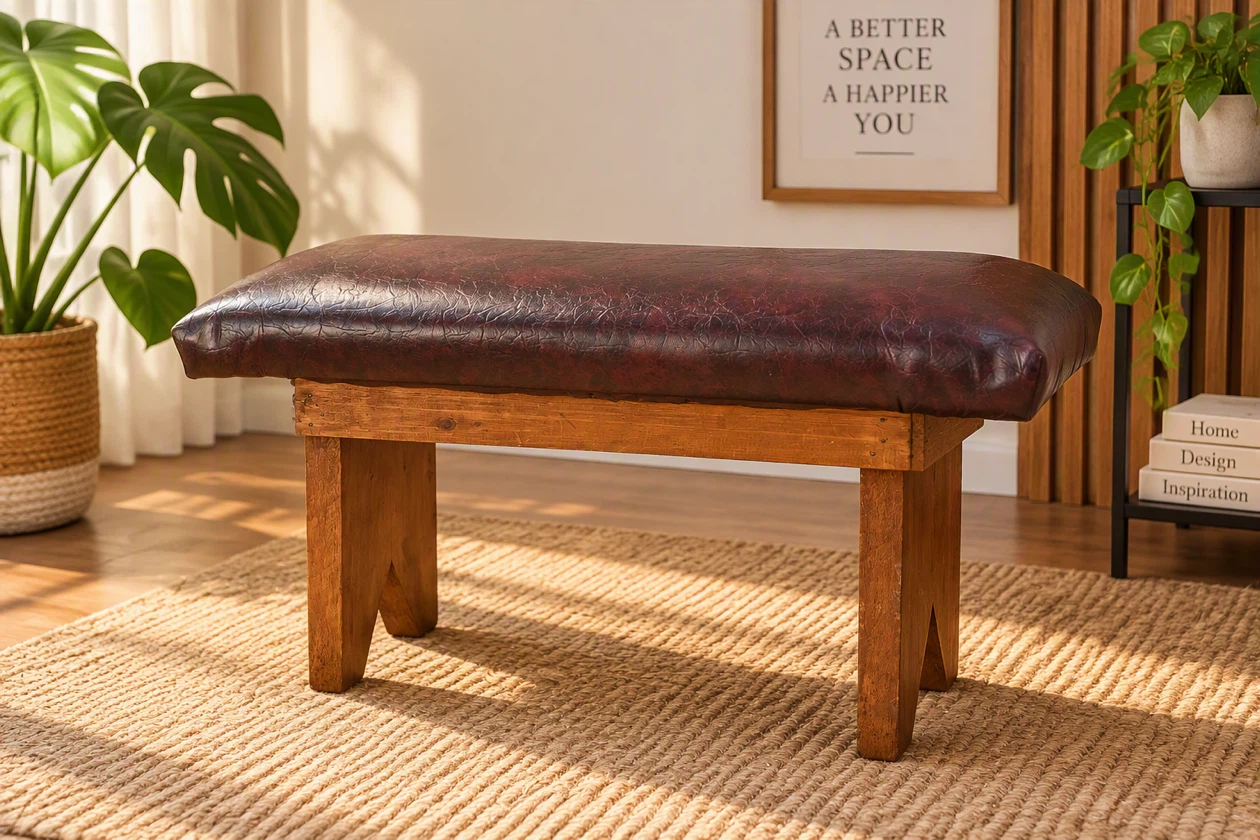 Vintage Wooden Bench with Padded Seat