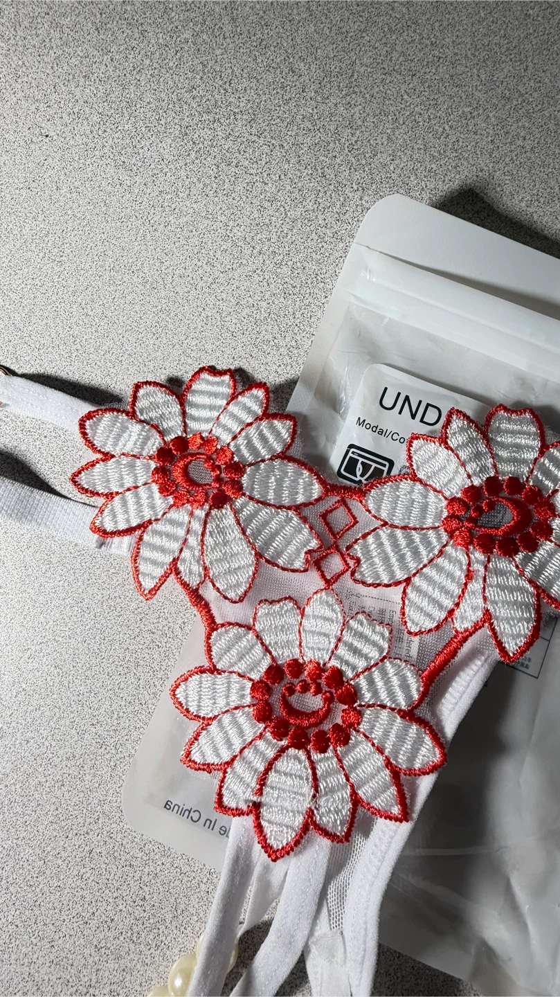 Embroidered Flower Pearl Detail Thong - photo 3