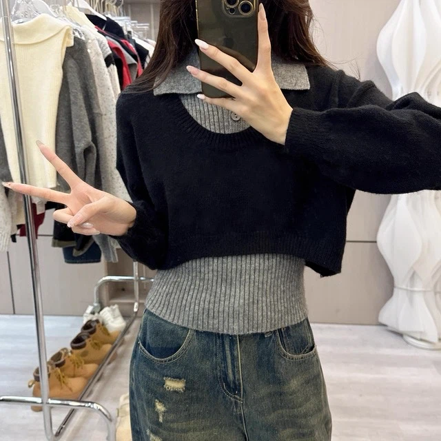 Knitted two-piece sweater set,polo collar cropped top