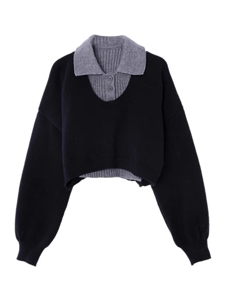 Knitted two-piece sweater set,polo collar cropped top - photo 3