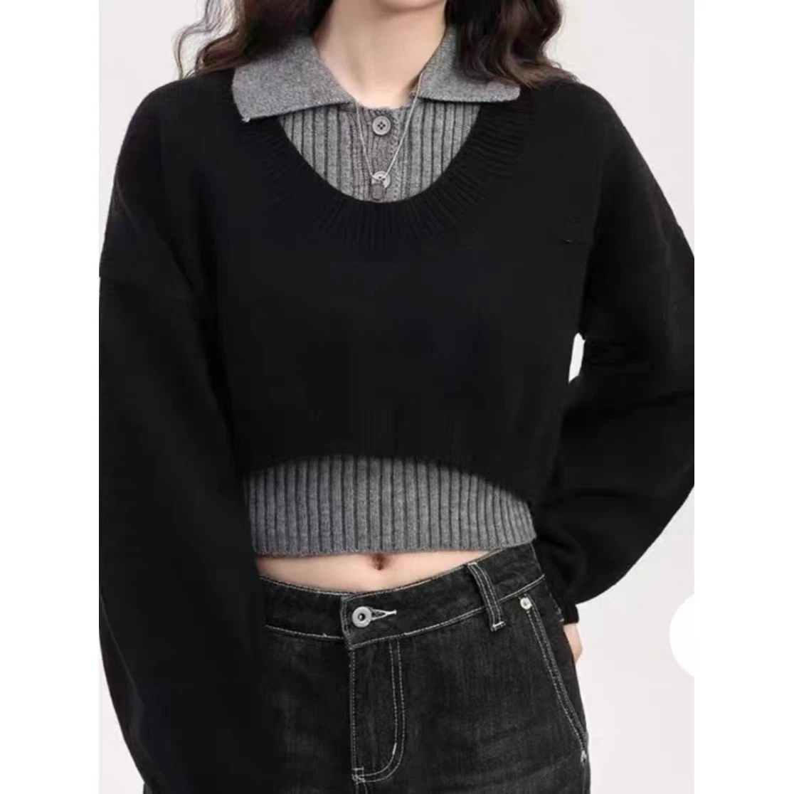Knitted two-piece sweater set,polo collar cropped top - photo 5