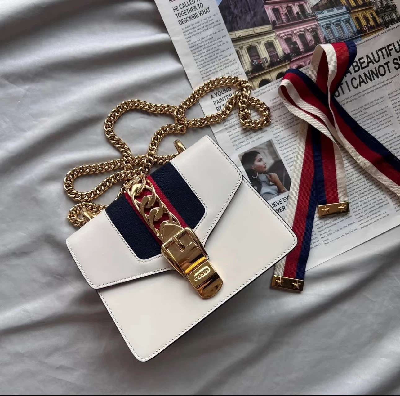 Authentic Gucci Sylvie white leather shoulder bag