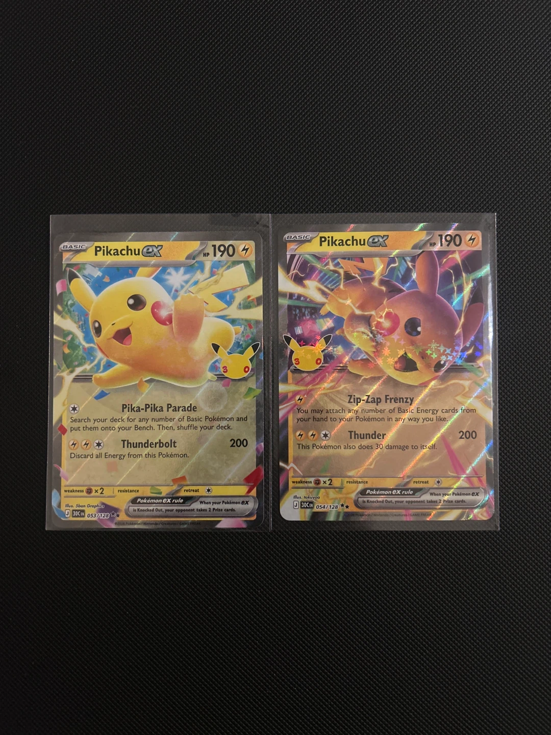 2 Pokémon Pikachu ex Cards 053/128 and 054/128