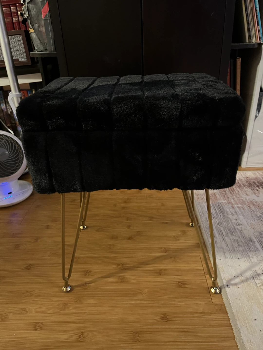 Black faux fur storage ottoman