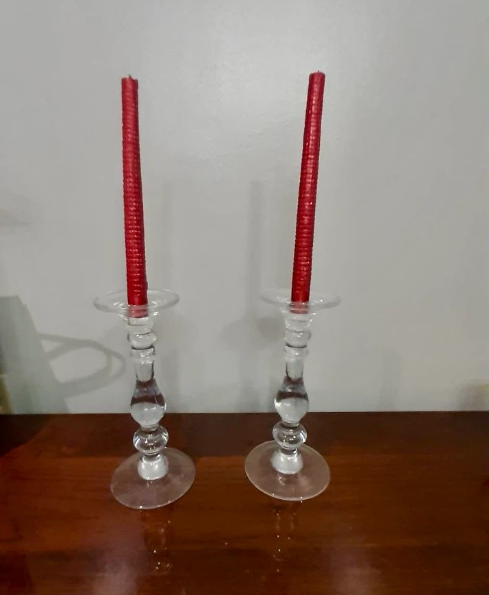 Set of Two Clear Glass Candlesticks
