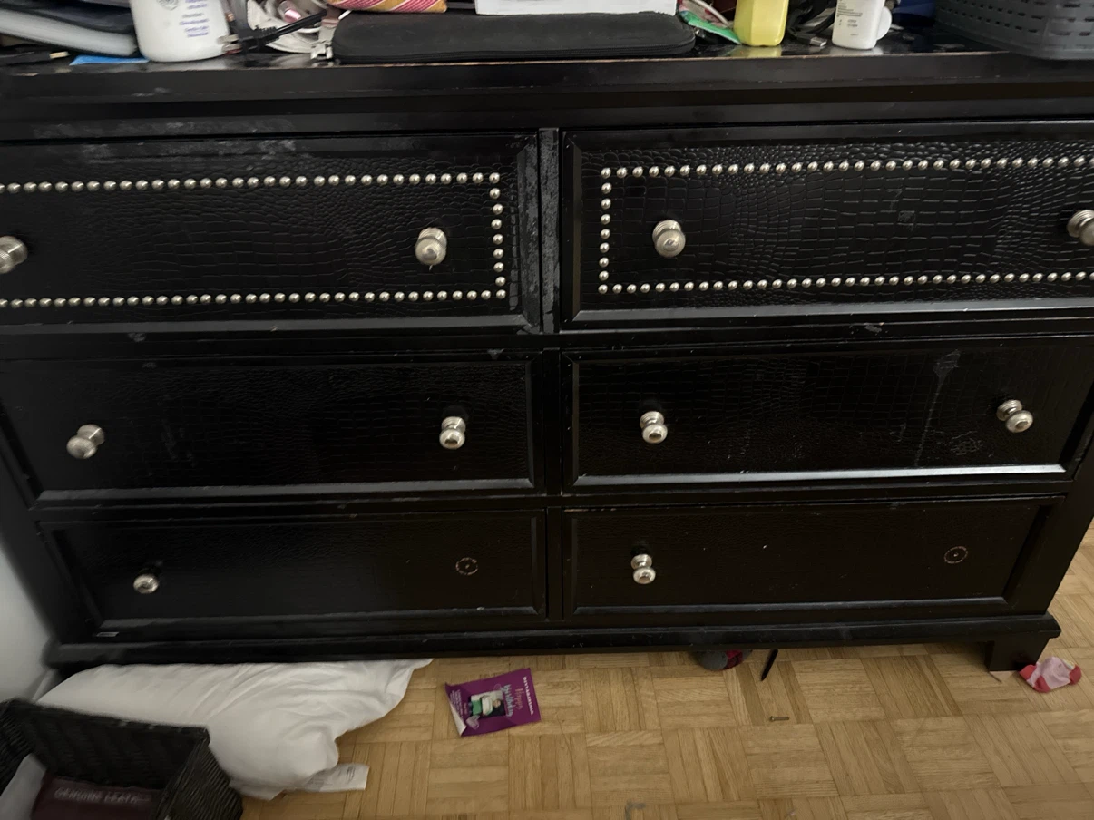 Black 6-Drawer Dresser with Studded Detailing