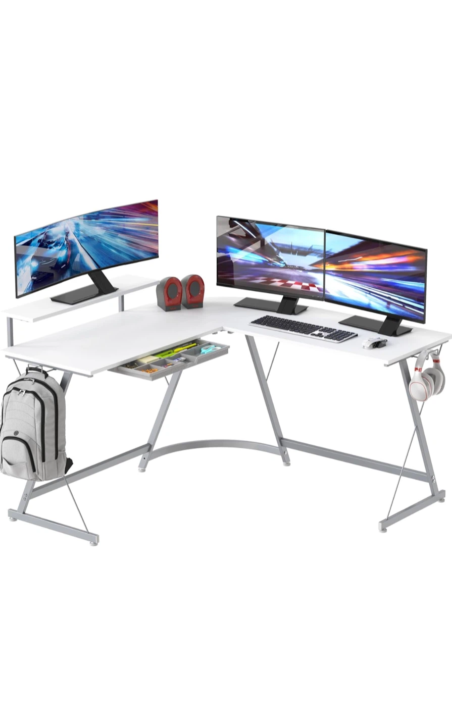L-Shaped Corner White Desk w/Monitor Stand and Drawer