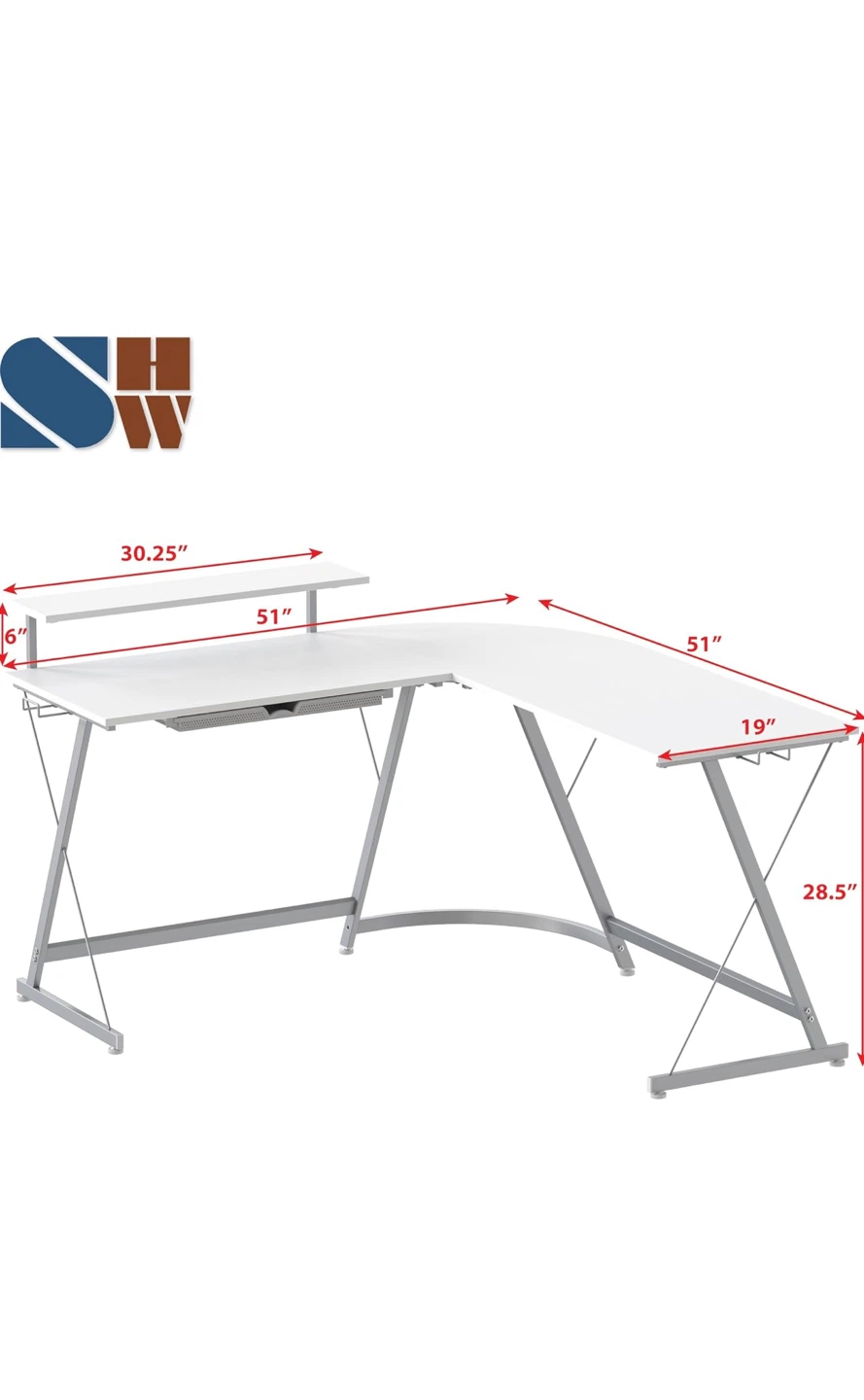 L-Shaped Corner White Desk w/Monitor Stand and Drawer - photo 2