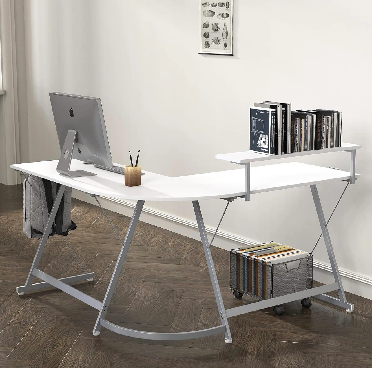 L-Shaped Corner White Desk w/Monitor Stand and Drawer - photo 4