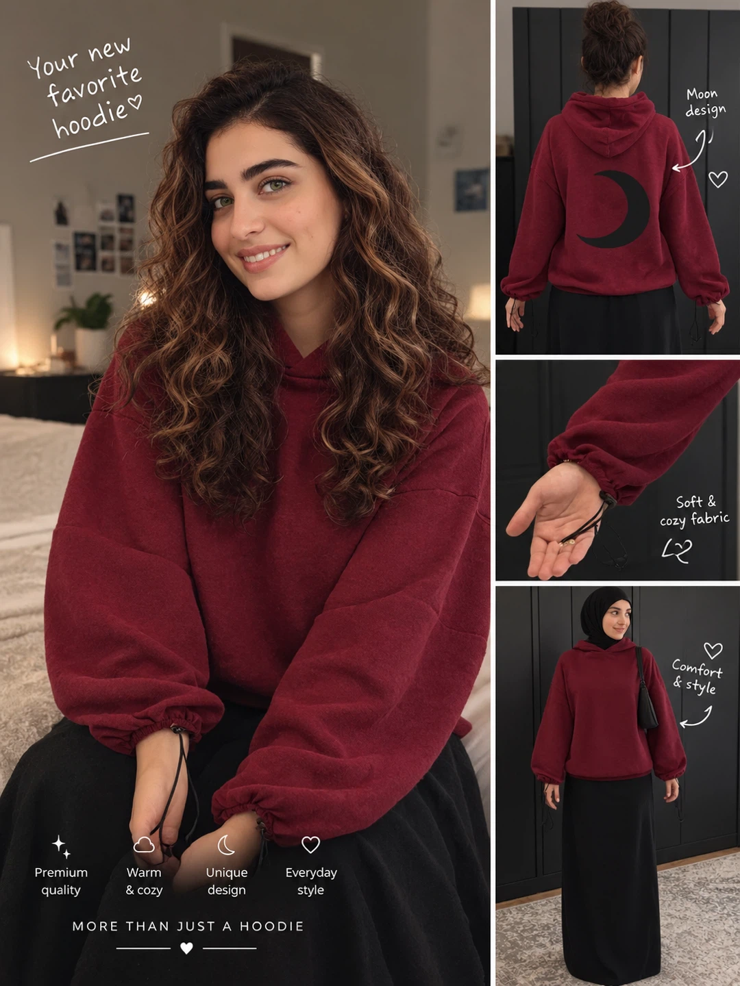 Maroon Hoodie with Moon Design