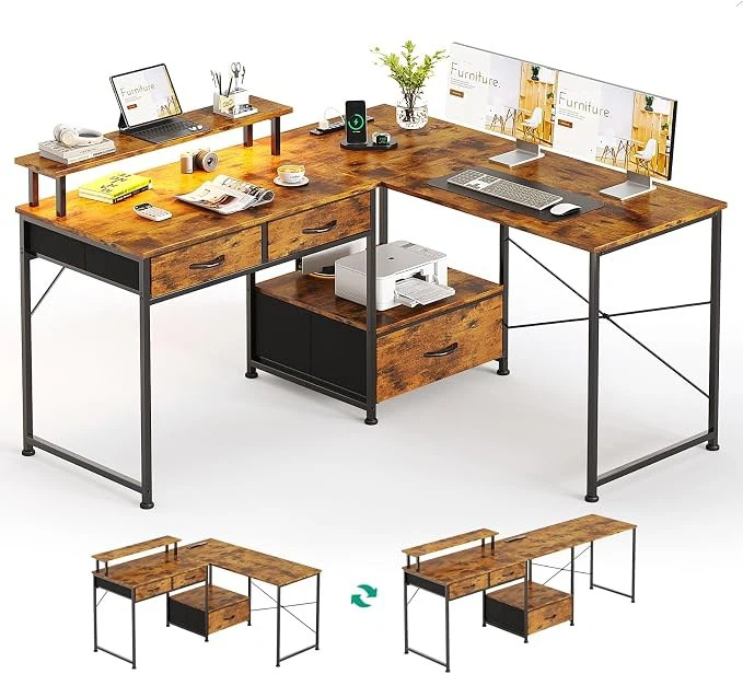 MUTUN 50.4" L Shaped Desk with Power Outlet & LED Light - New