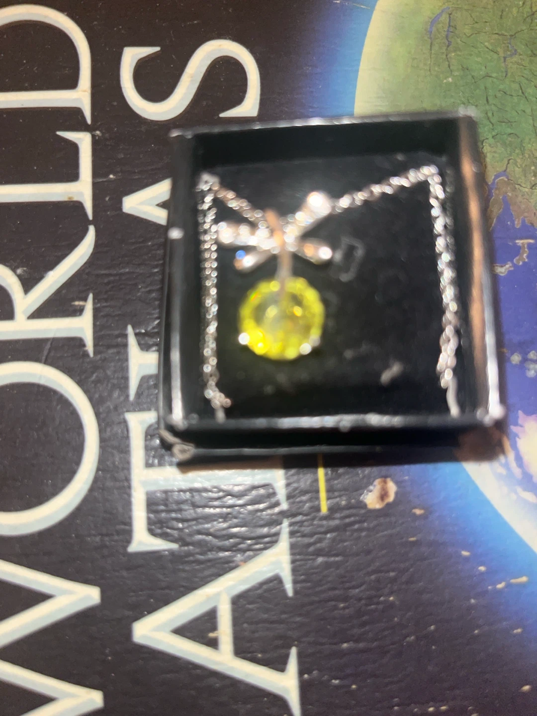Silver Dragonfly Necklace with Yellow Stone