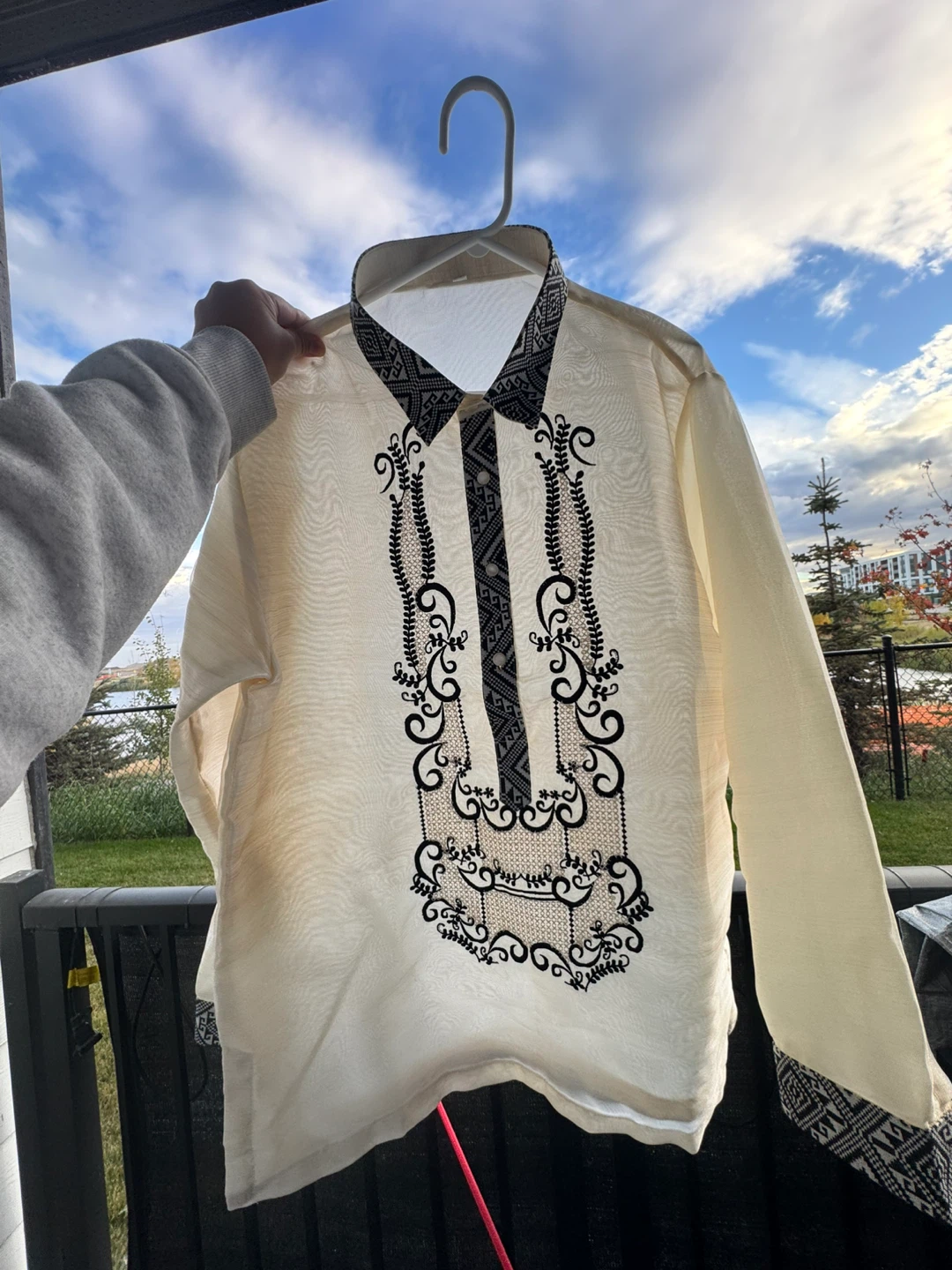 Cream and Black Long-Sleeved Barong Tagalog