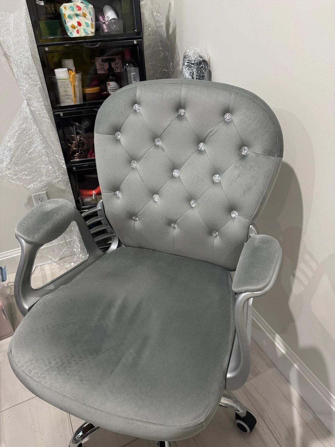 Grey Velvet Office Chair with Crystal Tufting