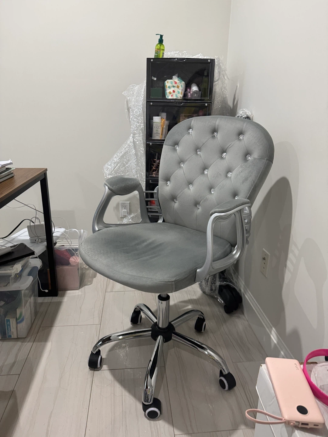 Grey Velvet Office Chair with Crystal Tufting - photo 2