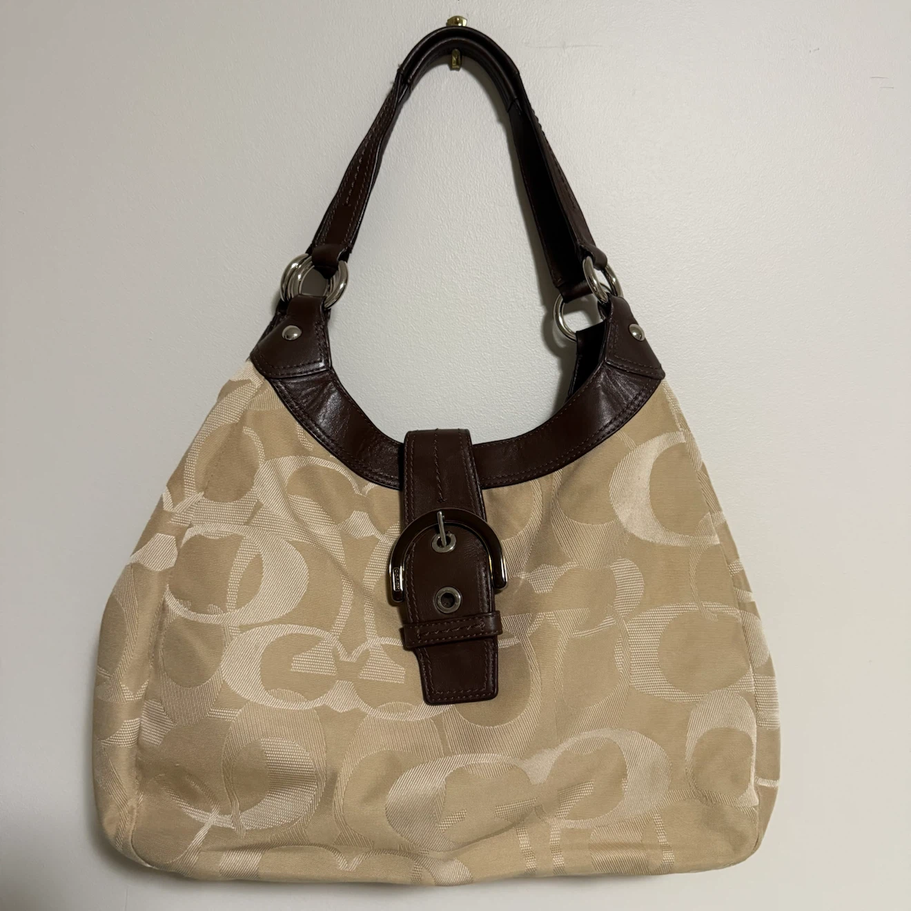 Coach Signature Hobo Bag Beige and Brown