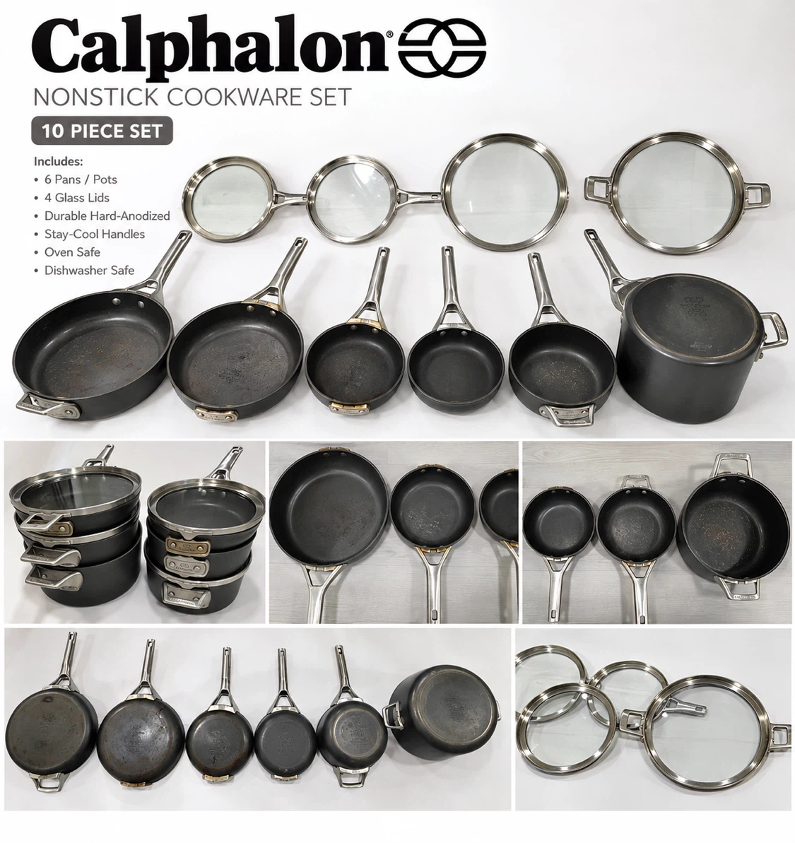 Calphalon Nonstick Cookware Set 6 Pots & Pans + 4 Lids Used