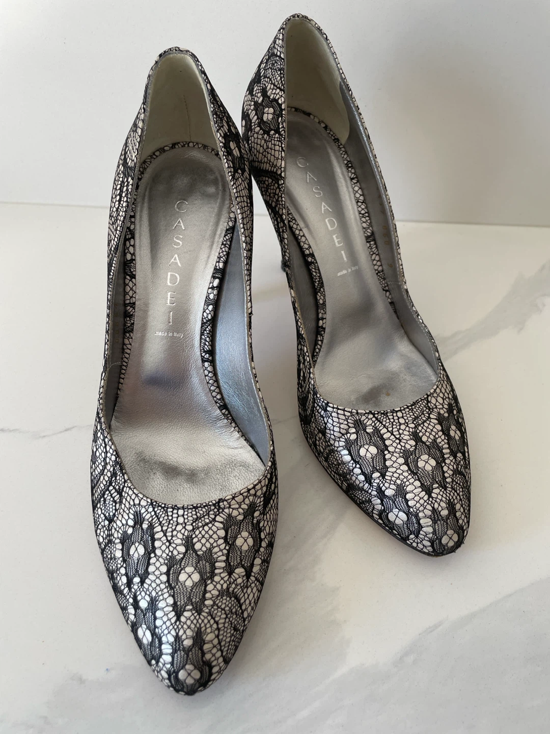 Casadei Silver & Black Lace Pumps Size 9