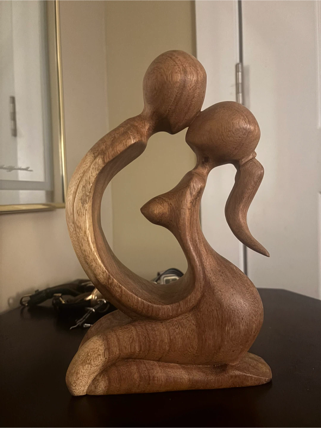 Hand Carved Wooden Couple Sculpture - photo 2