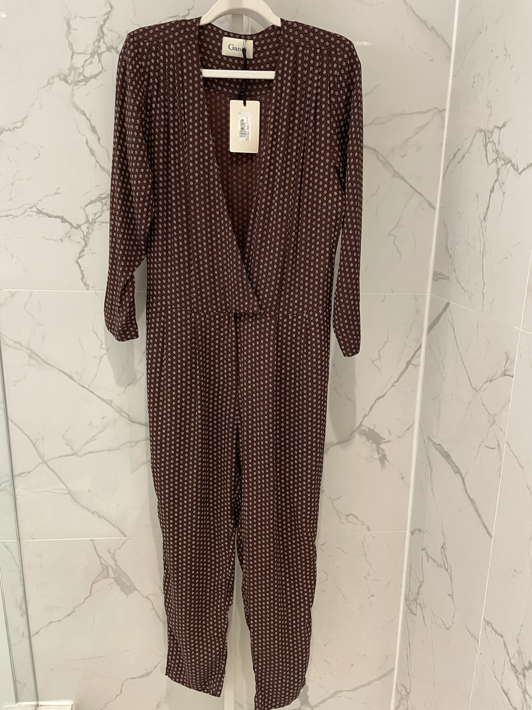 Ganni Long Sleeve Tie Print Jumpsuit