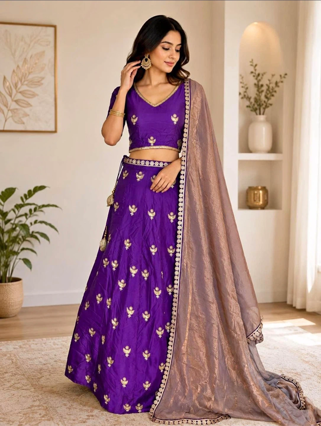 Purple Hand Embroidered Lehenga Set