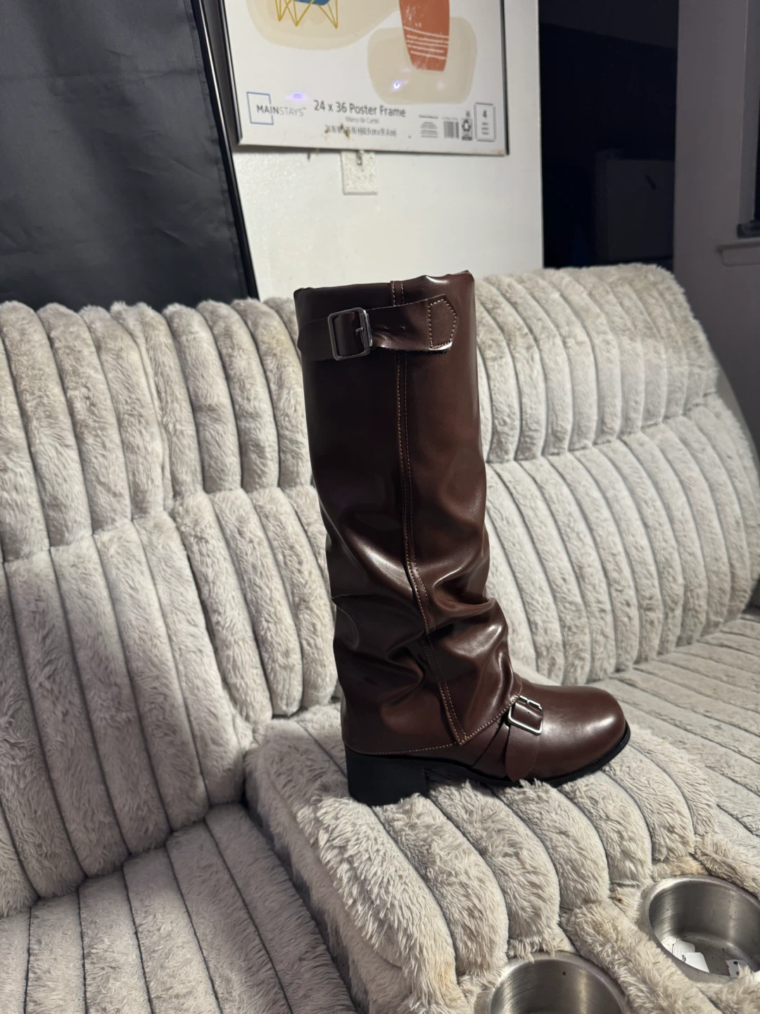 Brown Faux Leather Mid-Calf Boots EU 38