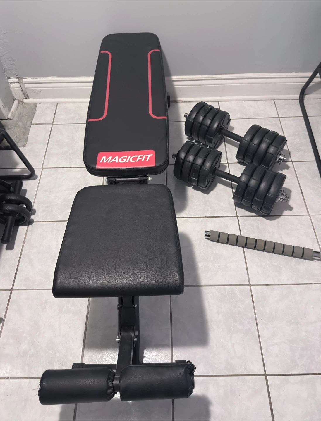 Workout Set: Bench, 100 lb Dumbbell Set, Scale & Accessories.