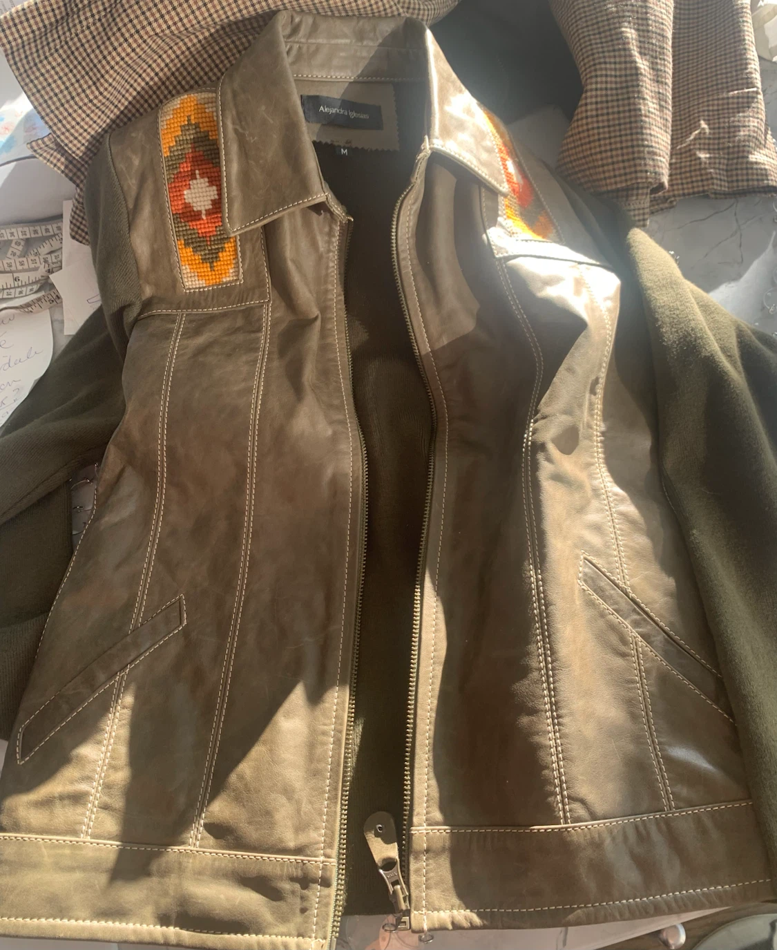Leather jacket NEW olive w wool sleeves Alejandra Iglesias