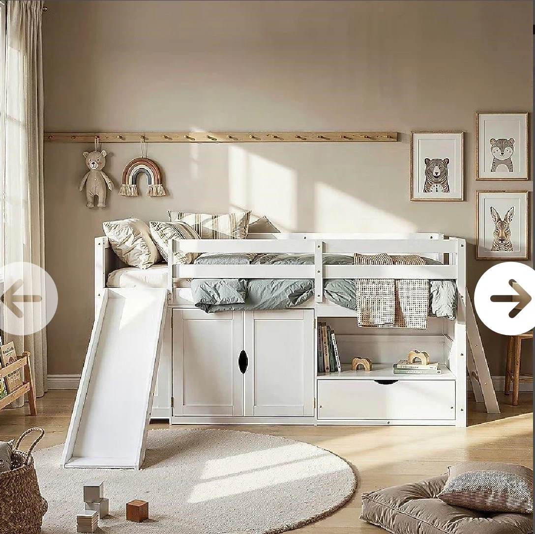 White Kids Loft Bed with Slide and Storage