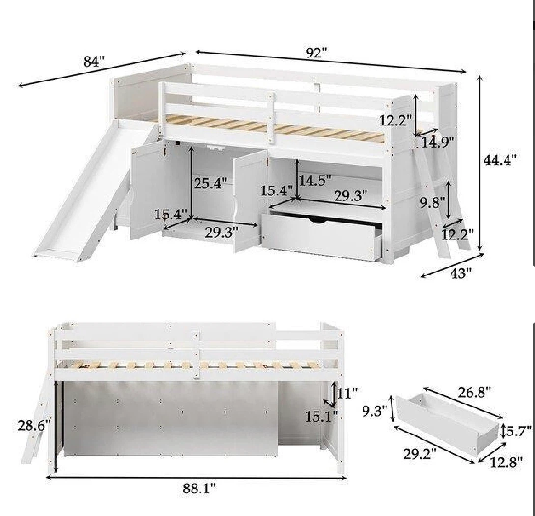 White Kids Loft Bed with Slide and Storage - photo 2