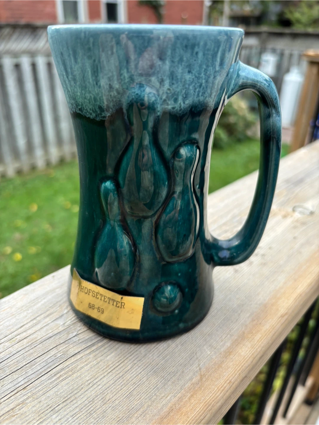 68-69 Green Drip Glaze Bowling Trophy Mug