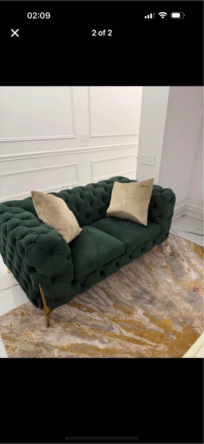 Two Dark Green Velvet Tufted Sofa