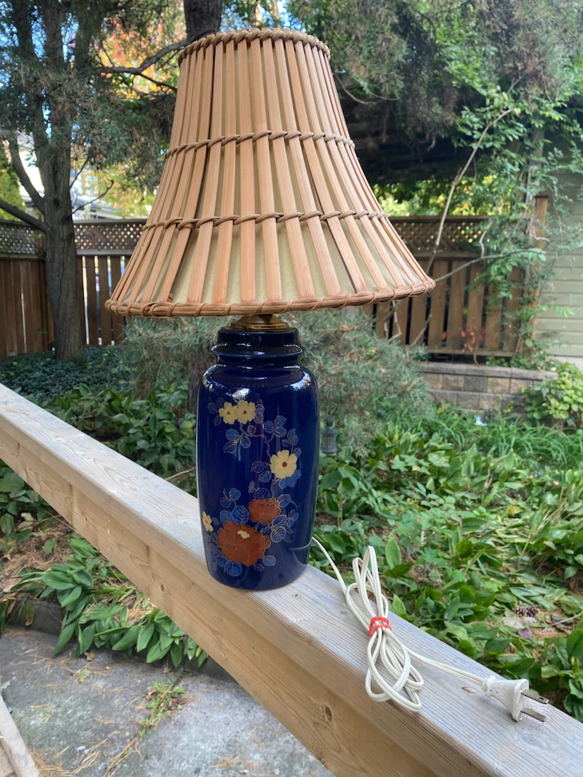 Vintage Blue Ceramic Table Lamp with Woven Shade