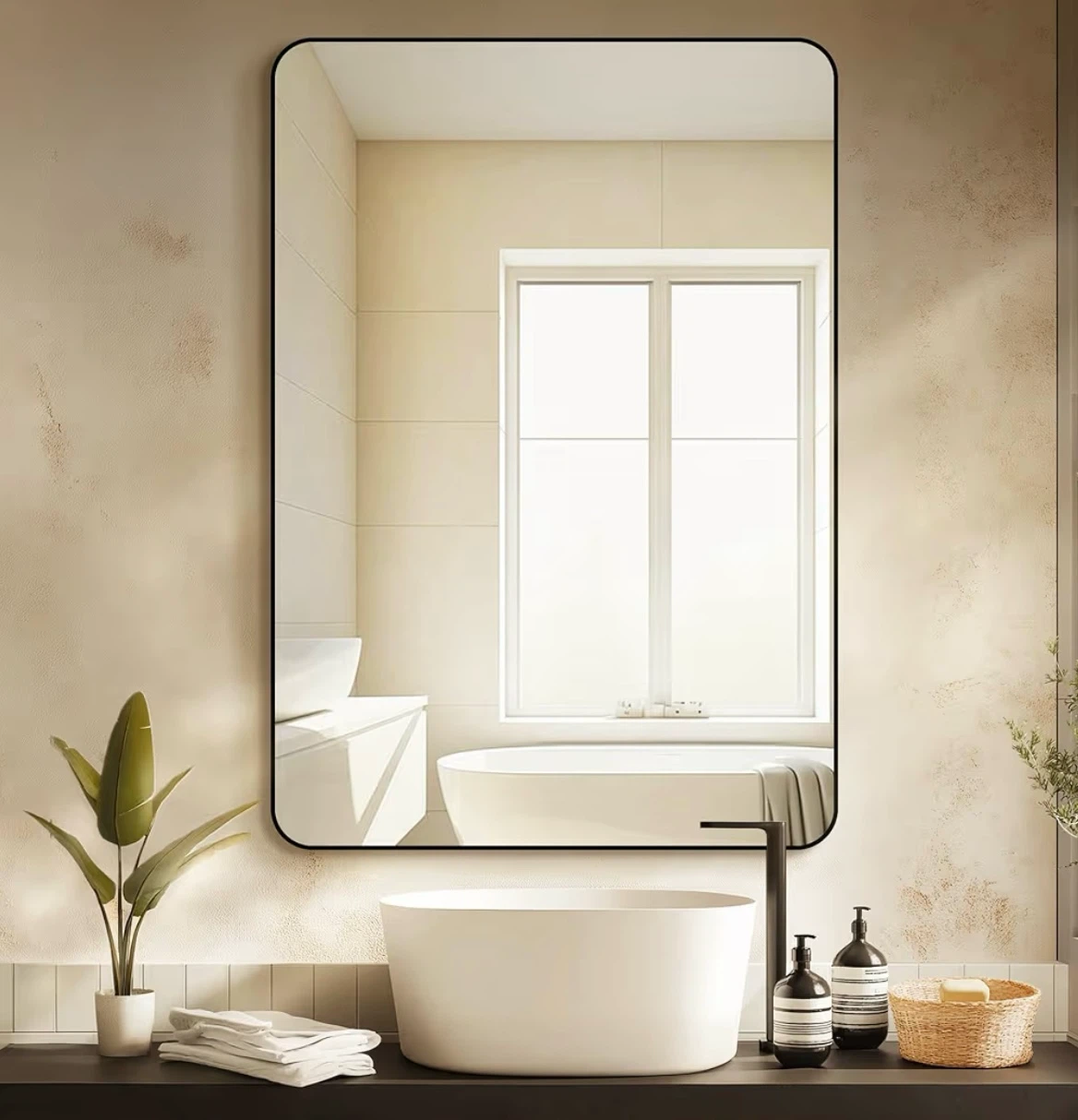 Delma 40x28" Framed Bathroom Mirror, Rectangular Black - photo 3