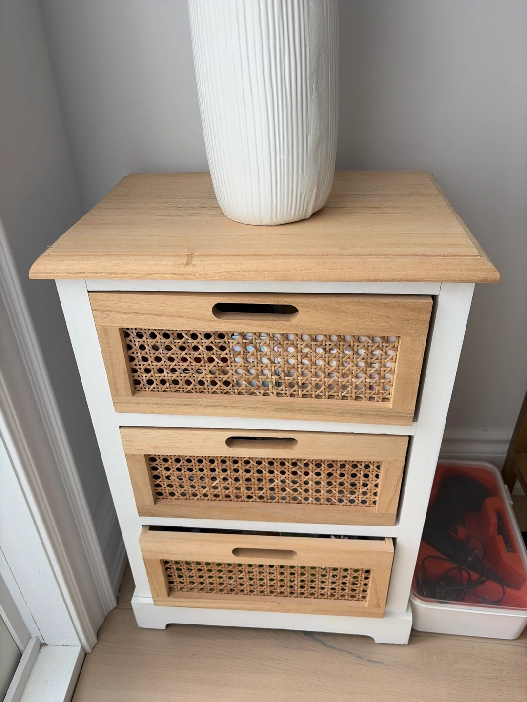 Three Drawer Storage Unit with Rattan Detail