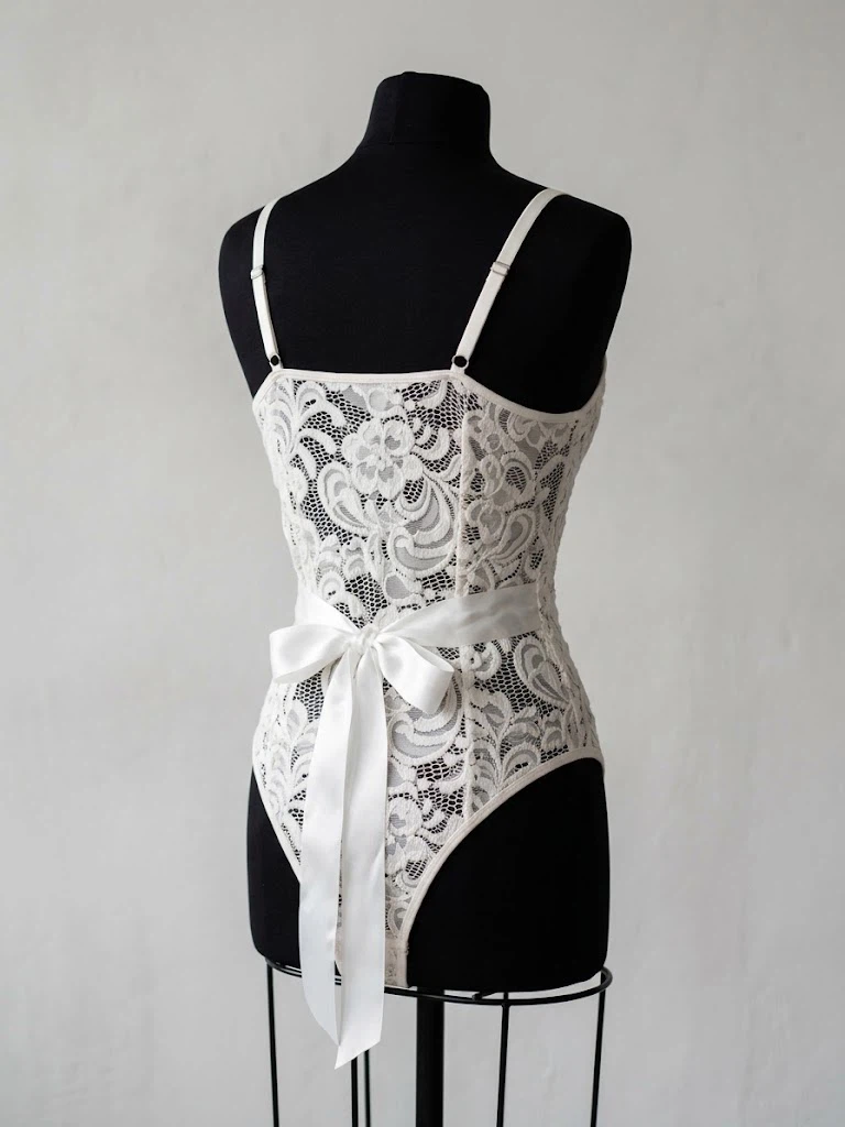 White Lace Teddy Bodysuit with Bow Detail - photo 2