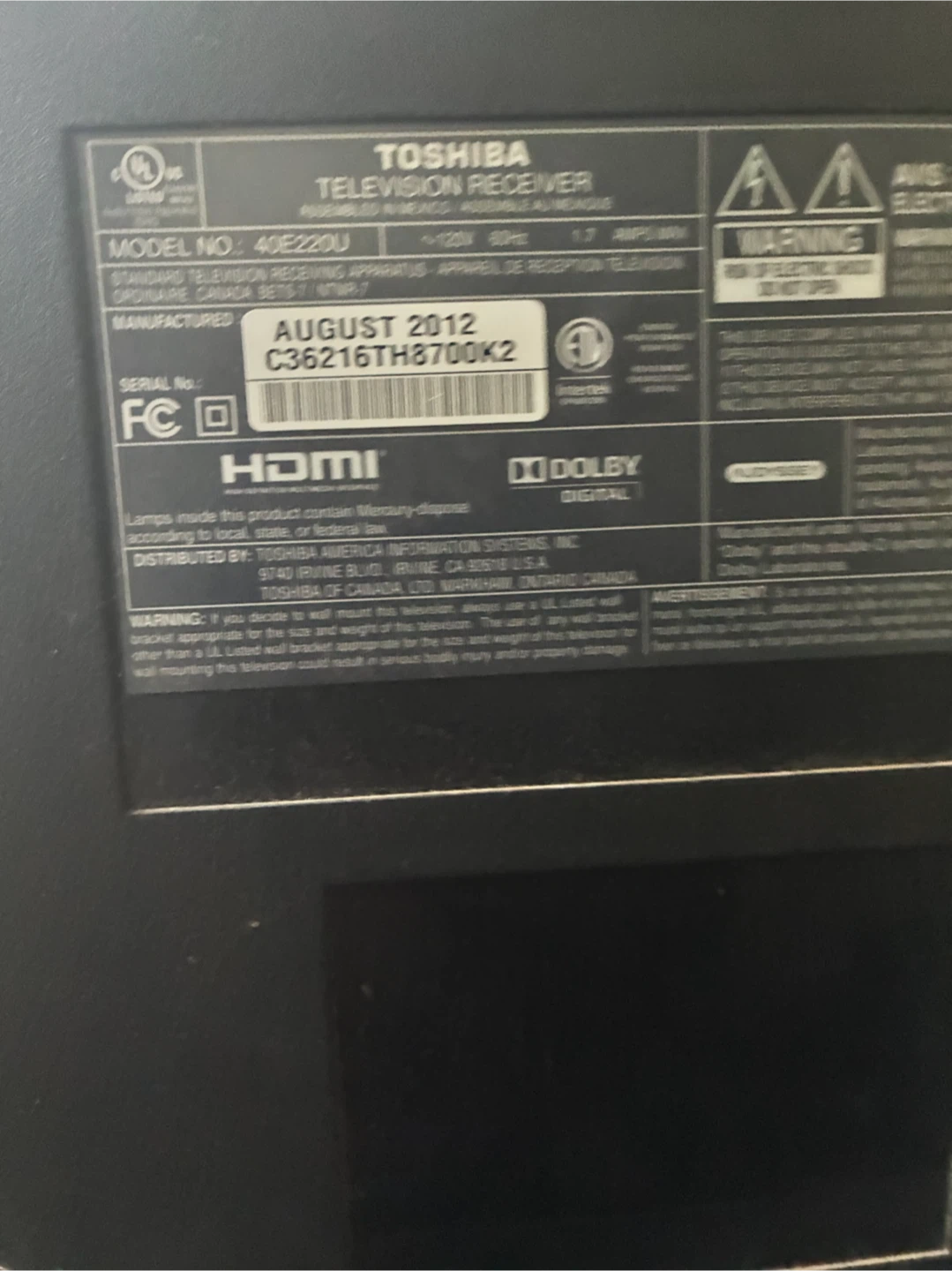 Toshiba 40” Television - photo 2