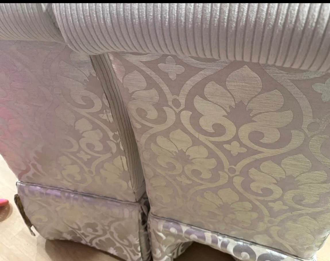 Two Damask Pattern Upholstered Dining Chairs