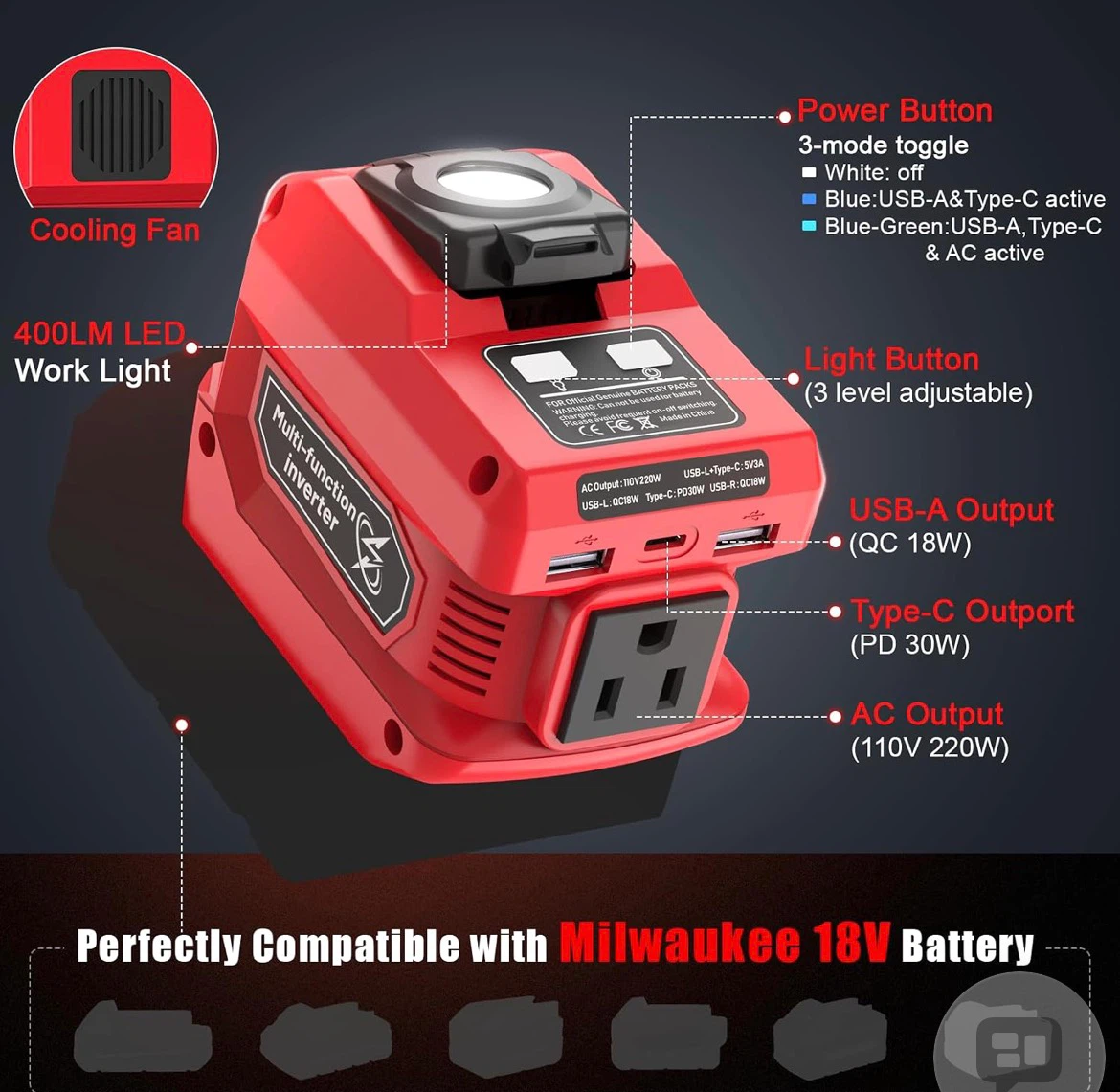Portable 220W Power Inverter for Milwaukee 18V Battery - photo 2