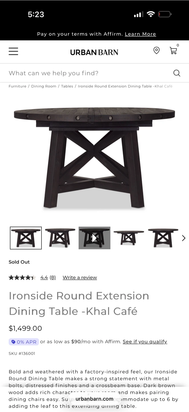 Urban Barn Ironside Round Extension Dining Table