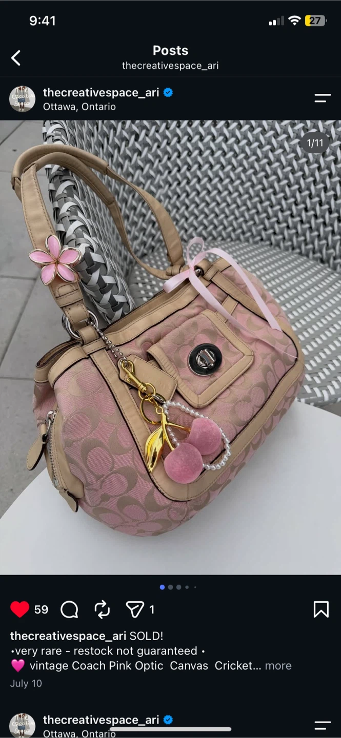 Vintage Coach Pink Optic Canvas Cricket Bag