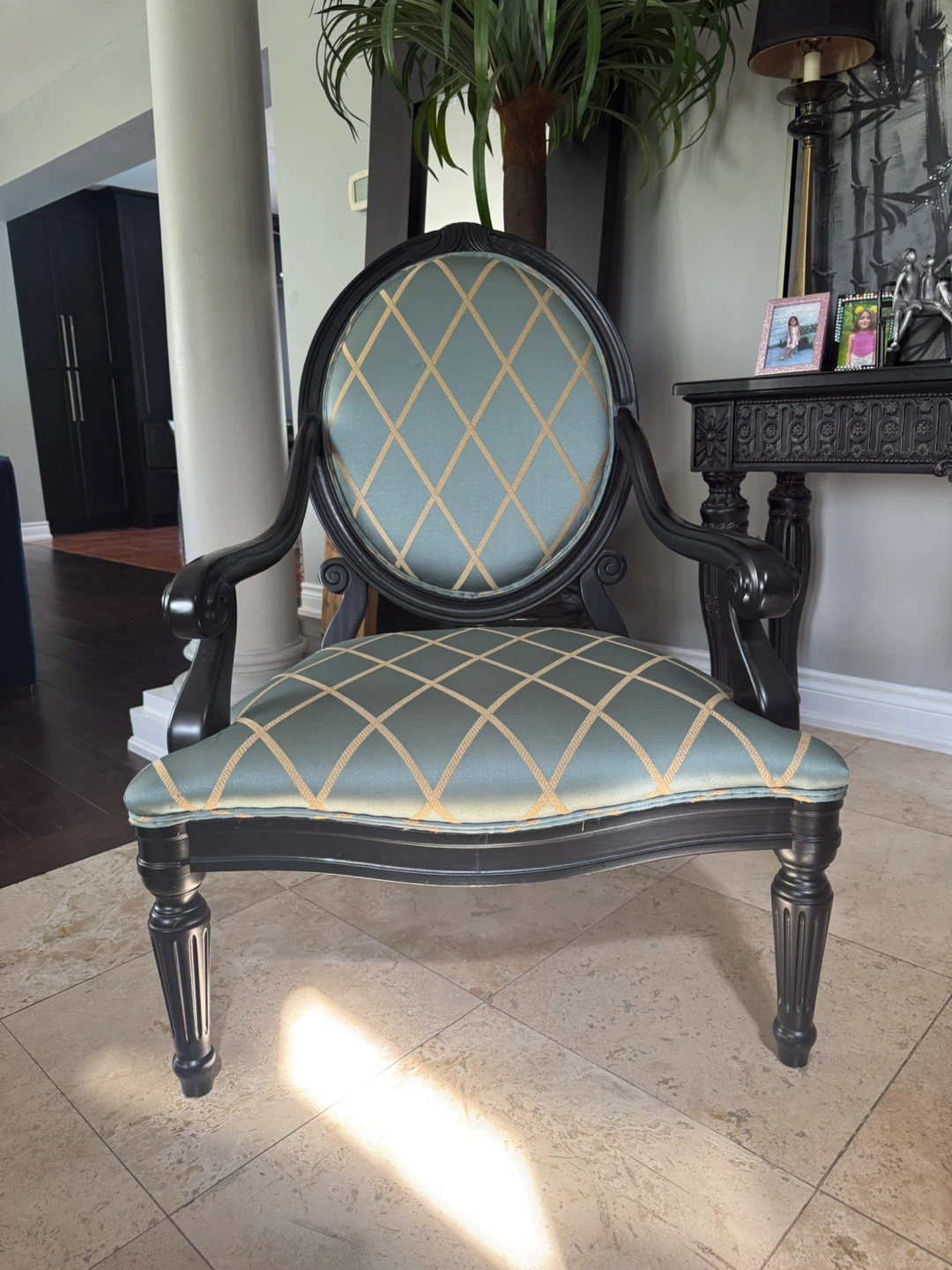 Black Accent Chair with Blue and Gold Pattern