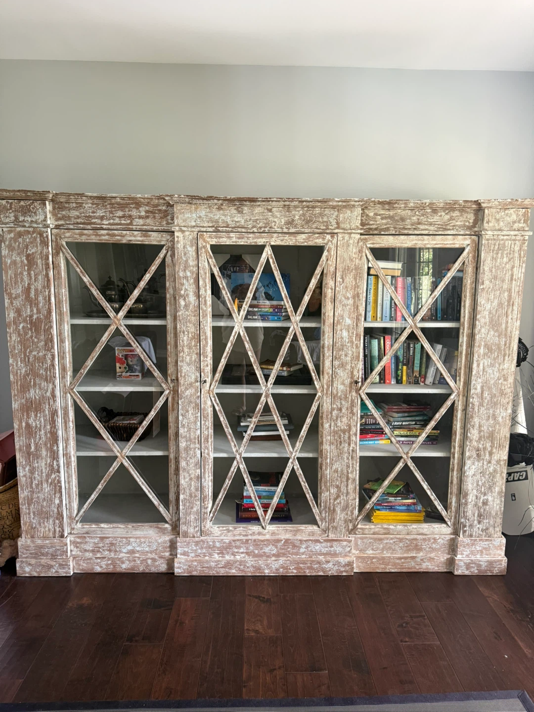 Distressed Wood Display Cabinet with Glass Doors