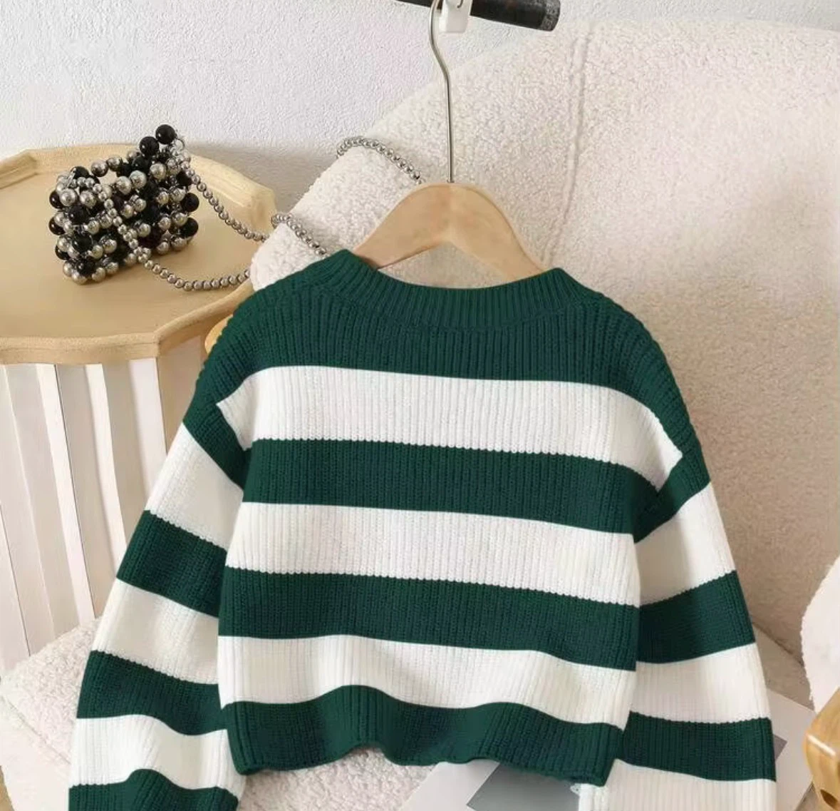 Green and White Striped Knit Sweater- Size M
