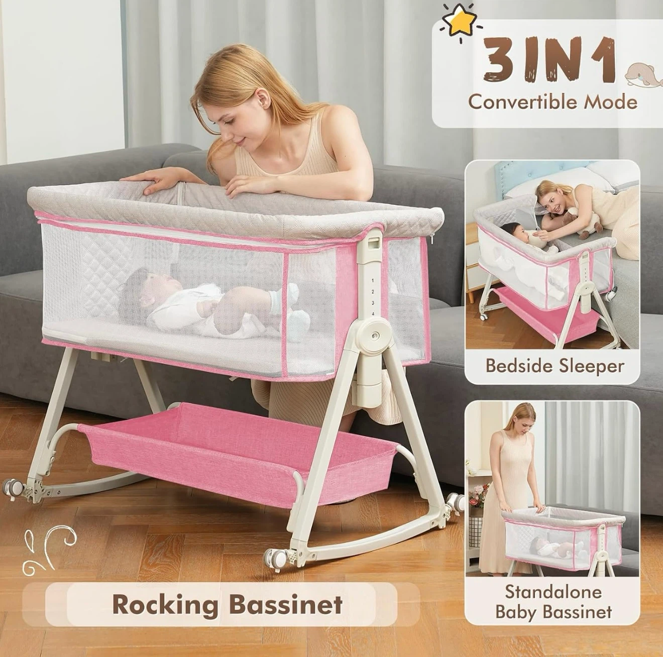 3in1 Baby Bassinet (Light Pink) - photo 3