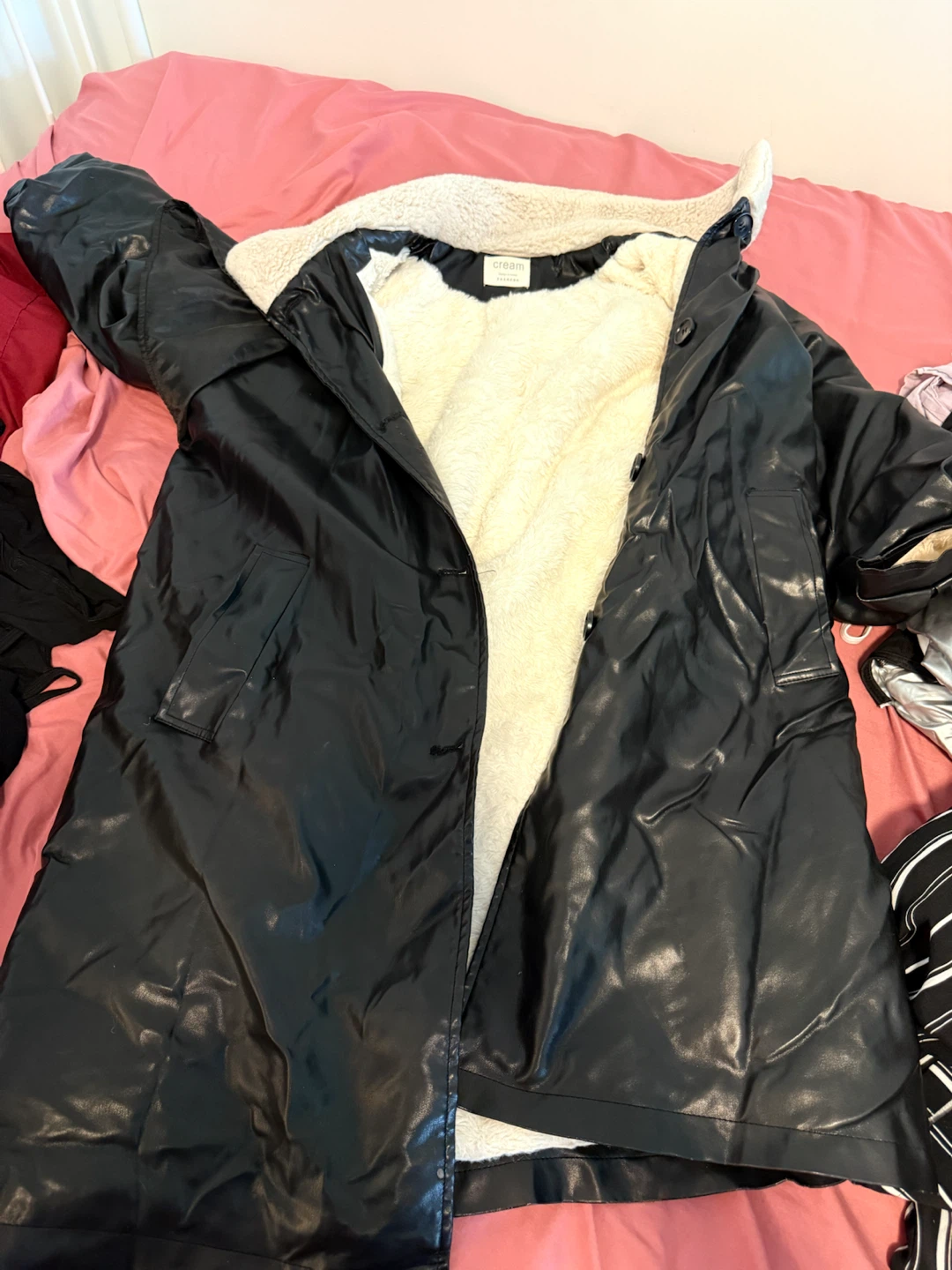 Cream Faux Leather and Sherpa Coat