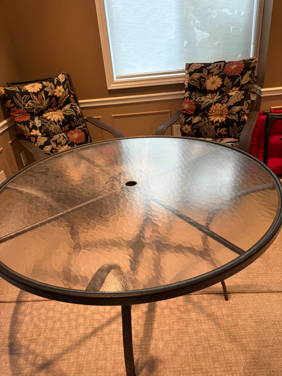 Patio Set Glass Table, 2 Swivel Chairs, 2 Red Folding Chairs