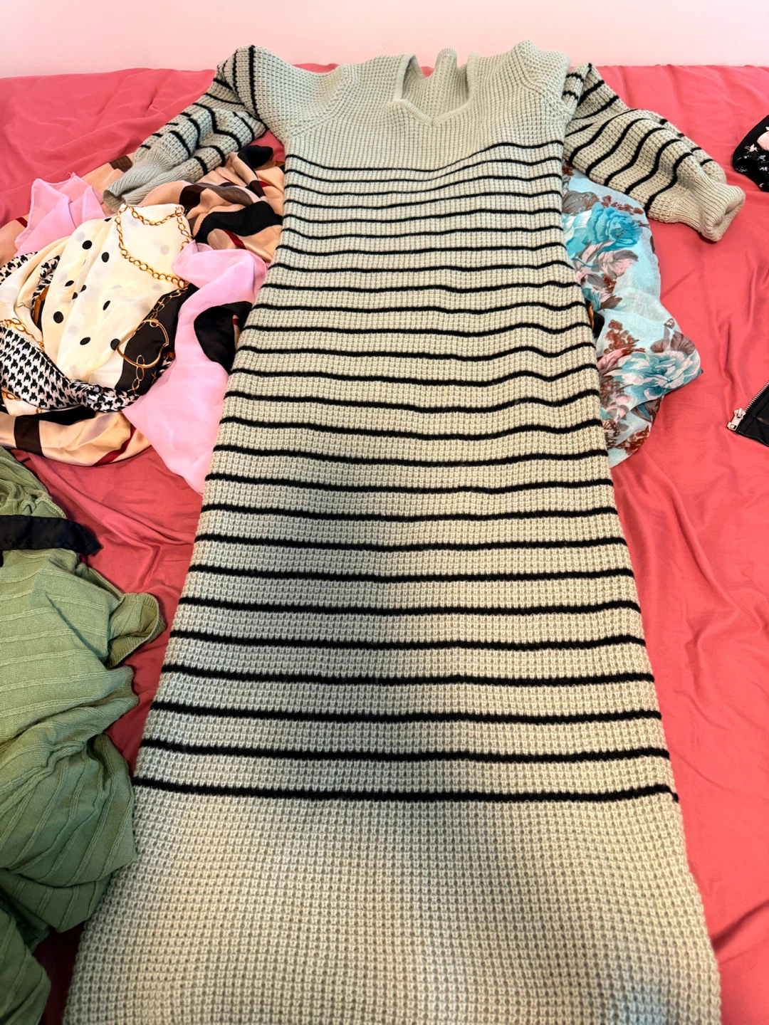 Sage Green and Black Striped Knit Dress
